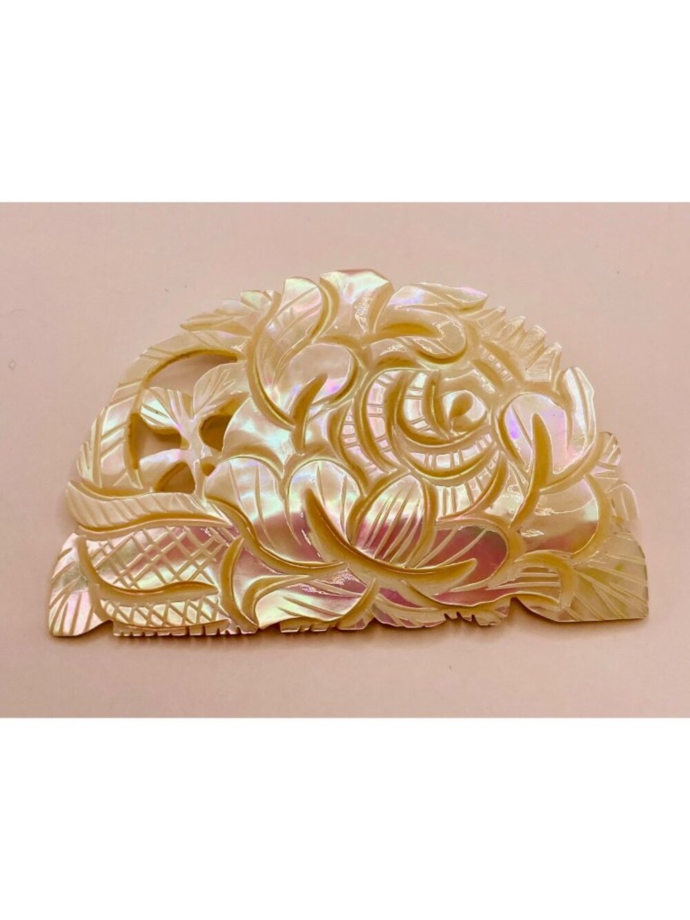 Vintage Taiwan 1970's Carved Mother Of Pearl Floral Rose Brooch Pin -34B